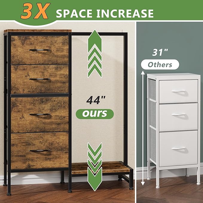 Dresser with Hanging Rack, 4 Drawers Small Closet for Bedroom, Reversible Fabric Kids Chest of Drawers with Clothes Rack, Tall Storage Tower, Sturdy Frame, Rustic Brown, 44''H