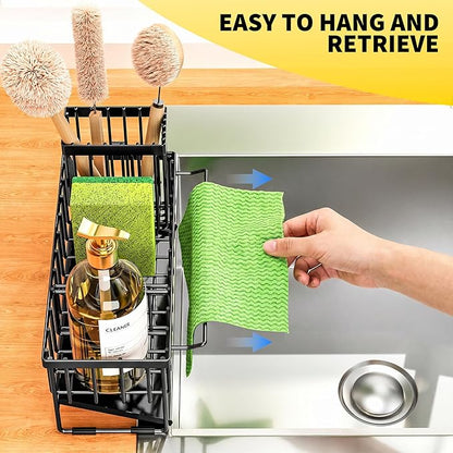 Cisily Kitchen Sink Caddy Organizer with High Brush Holder, Sponge Holder for Sink, 304 Rustproof Stainless Steel, Countertop Soap Dispenser Organizer, Black with Towel Rack, 9.25