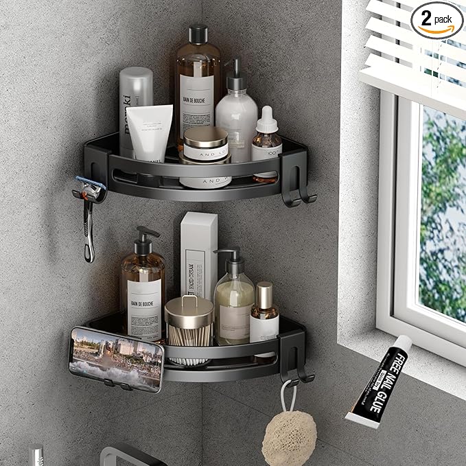 VOLPONE Corner Shower Caddy with Razor Holder Adhesive Shower Shelf Corner No Drilling Bathroom Corner Shower Organizer Storage Rack (2-Pack, Black)
