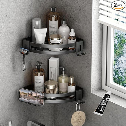 VOLPONE Corner Shower Caddy with Razor Holder Adhesive Shower Shelf Corner No Drilling Bathroom Corner Shower Organizer Storage Rack (2-Pack, Black)