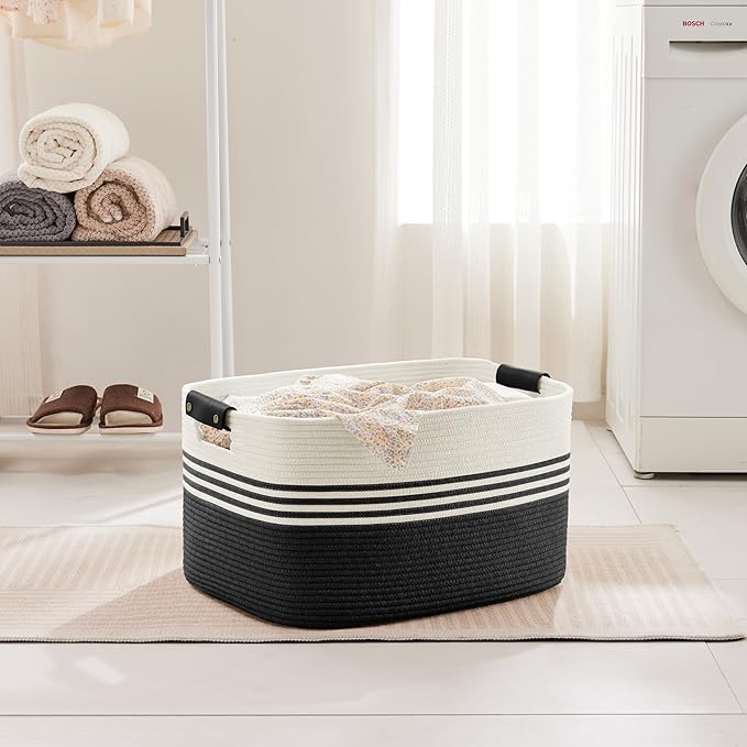 SunNewt 60L Large Laundry Basket with Leather Handles for Living Room Storage, Woven Rope Baskets Bin for Blanket, Kids Toy, Gifts, Wicker Hamper for Bedroom Dirty Clothes, 21"x15"x11" White Black
