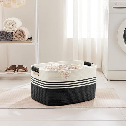 SunNewt 60L Large Laundry Basket with Leather Handles for Living Room Storage, Woven Rope Baskets Bin for Blanket, Kids Toy, Gifts, Wicker Hamper for Bedroom Dirty Clothes, 21"x15"x11" White Black