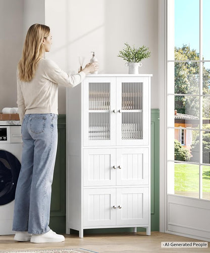Akxomel 43.3'' H Bathroom Storage Cabinet, Bathroom Floor Cabinet with 6 Doors, Linen Cabinet with Transparent Doors, Modern Bathroom Cabinet for Living Room, Kitchen, Entryway, White