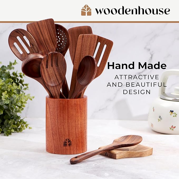 Wooden Spoons for Cooking – 12 Pcs Teak Wooden Utensil Set, Cooking Utensils Set with Holder, Hooks & Spoon Rest - Heat Resistant, Durable, Nonstick Safe Kitchen Cookware