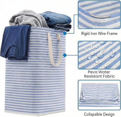 efluky Slim Laundry Basket, Narrow Laundry Hamper with Handles, Collapsible Dirty Clothes Hamper, Tall Laundry Bin for Laundry Room, Dorm and Bedroom, 80L, Striped Blue
