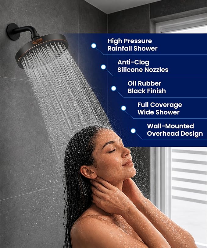 GURIN Shower Head - Powerful High Pressure Rain Shower Head 6 Inch - Luxury Rainfall Showerhead with Adjustable Angles, 90 Anti-Clog Nozzles, Tool-Free 1-Min Install, Premium Oil Rubbed Black Finish
