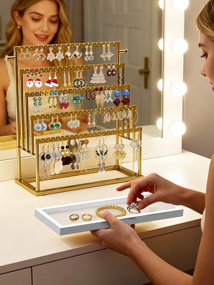 Earring Holder Organizer Gold, 5-Tier Jewelry Display Stand with Elegant Gold Metal Frame and Wooden Tray, Large Earring Holder for Studs, Hoops, Dangles, Decorative Jewelry Organizer for Women