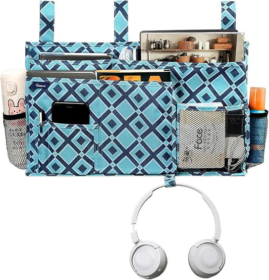 Surblue Bedside Caddy Hanging Bed Organizer Storage Bag Pocket for Bunk and Hospital Beds, College Dorm Rooms Baby Bed Rails, Camp 8 Pockets, (Large, Blue Plaid)