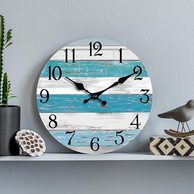 KECYET Wall Clock Battery Operated 12 Inch Outdoor Beach Style Blue Coastal Retro Silent Non Ticking Decorative for Bathroom Kitchen Living Room Bedroom