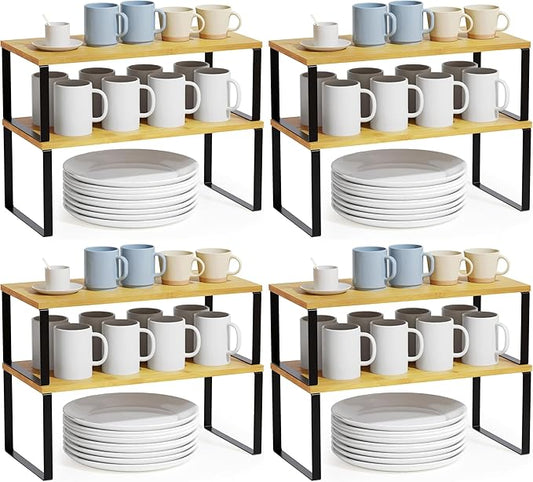 SpaceAid Cabinet Shelf Organizers 8 Pack, Kitchen Counter Rack Shelves Riser, Stackable Expandable Spice Rack, Pantry Cupboard Storage Organization (Black and Natural, Long)