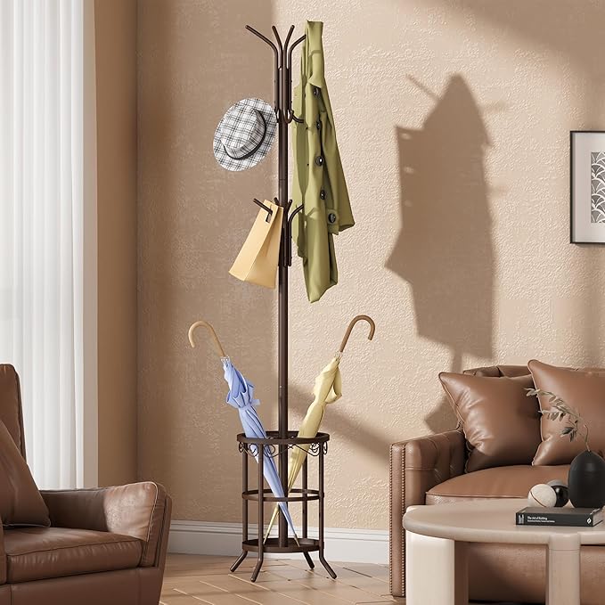 GHWIE Coat Rack Freestanding, Coat Tree with Umbrella Holder, Metal Coat Rack Stand with 12 Hooks, Standing Coat Hanger Stand, Umbrella Stand for Entryway, Hat Rack Stand for Home Office, Brown