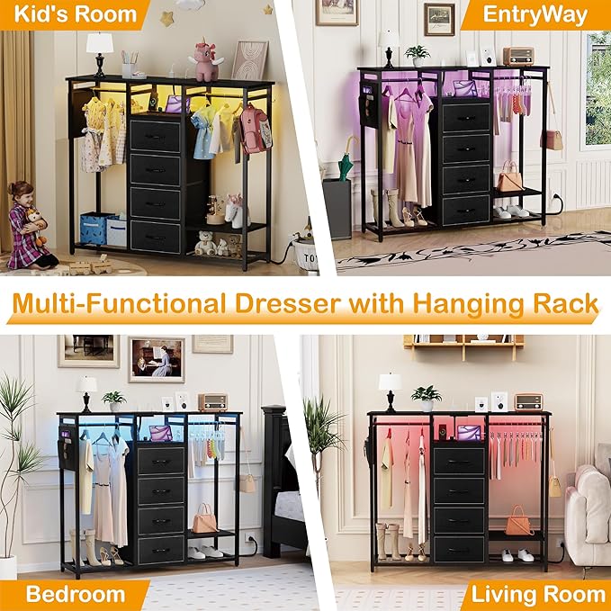 Dresser with Hanging Clothes Rack, 4 Drawers Dresser for Bedroom with LED Lights and Charging Station, Fabric Storage Chest of Drawers for Closet with Clothes Rack Bedroom Kid’s Room, Metal, Black