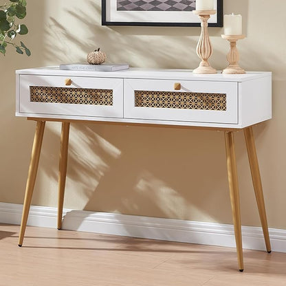 Mid-Century Style Entryway Table, Console Table with Two Drawers, Narrow Sofa Table for Living Room, Hallway, Rectangular, White