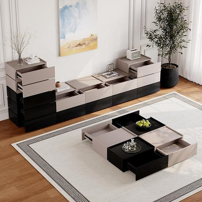Coffee Table with Storage,Modern Center Table with 4 Hidden Drawers for Living Room,Rectangle Coffee Table for Home Furniture,Bedroom,Black and Beige Gray