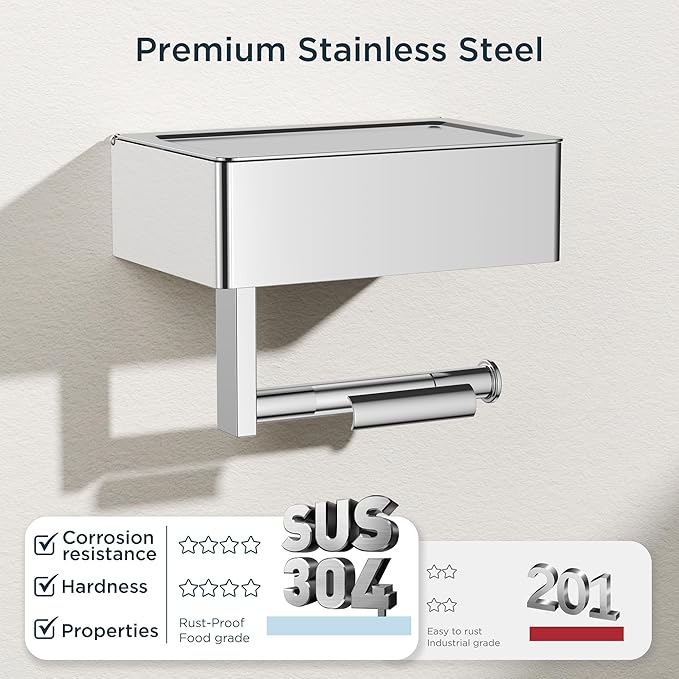 FORIOUS Toilet Paper Holder with Shelf, Sanitary Napkin Receptacle Tampon Holder, Wall Mount Toilet Paper Holder with Storage, Flushable Wipes Dispenser Fits for Bathroom Commercial(1, Chrome)