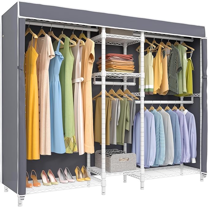 VIPEK Classic V6C Heavy Duty Covered Clothes Rack Portable Wardrobe Closet, 5 Tiers Wire Garment Rack White Metal Clothing Rack with Grey Oxford Cover, 70.1" L x 17.3" W x 76.4" H, Max Load 870 LBS