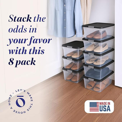 HOMZ 8-Pack Snaplock, Small Clear Plastic Storage Organizer Bins with Lids, 15 Quart, Gray - Stackable Container Boxes for Bedroom, Bathroom, Garage, and Office Organization