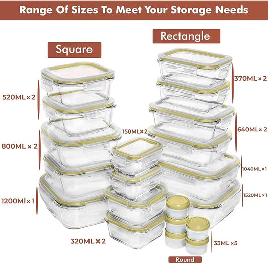 Razab 35 Pc Set Glass Food Storage Containers with Lids - Meal Prep Airtight Bento Boxes BPA-Free 100% Leak Proof (15 lids,15 glass & 5 Plastic Sauce/Dip Containers)