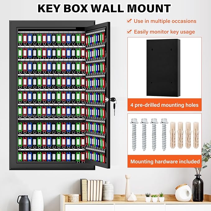 225 Keys Key Lock Box Wall Mount with Additional 16 Side Hooks and Key Tags, Anti-Theft Key Box Key Cabinet with Side Opening, Key Organizer Key Safe for Home Office Garage Rental Business