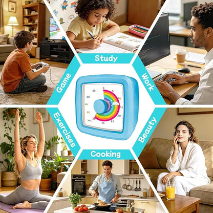 Kids Visual Timer, 60-Minute Silent Timer Countdown Clock with Rainbow Design, Plastic Mini Time Management Tool Timers for Classroom Kitchen Cooking Homework, Sensory Support&Focus Aid, Blue