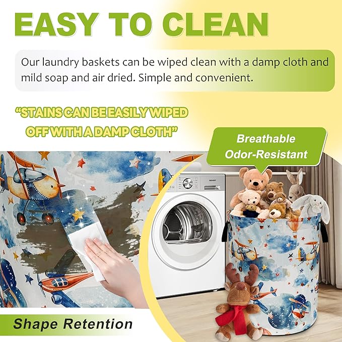 Airplane Laundry Basket Hot Air Balloon Clouds Foldable Waterproof Oxford Cloth Funny Tote Bag Laundry Hamper Clothes Storage Bucket Toy Organizer For Bathroom/Laundry Storage/Bedroom 18.9x16.5 Inch