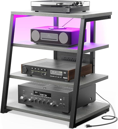 AV Media Stand with Outlets, Stereo Stands and Racks with Vinyl Storage, Stereo Stand with Record Storage, Audio Stereo Rack Cabinet, Turntable Console Stand with LED lights, 4 Tiers, Walnut Grey