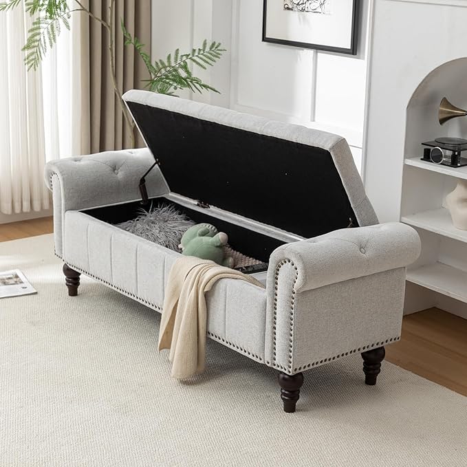 HOMEFLEX 58” Long Storage Bench, Upholstered Ottoman with Tufted Trim, Large End-of-Bed Bench for Bedrooms, Living Rooms, and Entryways (Silver)