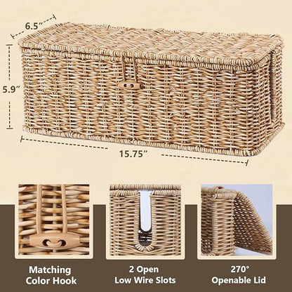 BROWNLILY Cable Management Box, Rattan Style Cord Organizer for Desk Cord Hider Outlet Covers for Power Strip TV PC Router Charger Under Desk Storage with Lockable Lid and Cable Ties