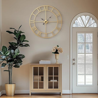 Cuspin Large Wall Clock 36 Inch Gold Wall Clock Battery-Operated, Modern Metal Roman Numeral Decorative Clock for Living Room Decor, Dinning Room, Office, Kitchen, Mantel, Home Decor