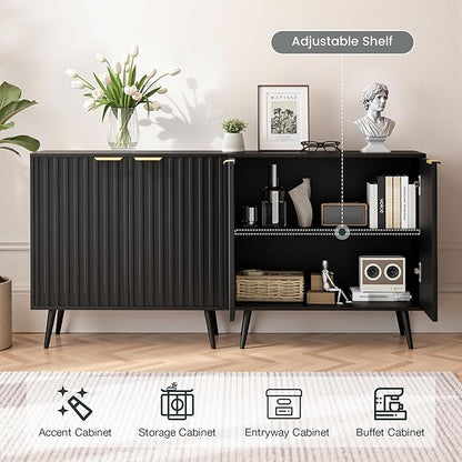 Modern Storage Cabinet, Black Sideboard and Buffet Storage, Wood Accent Cabinet for Living Room, Hallway, Entryway, Dining Room (1, Black+Gold)