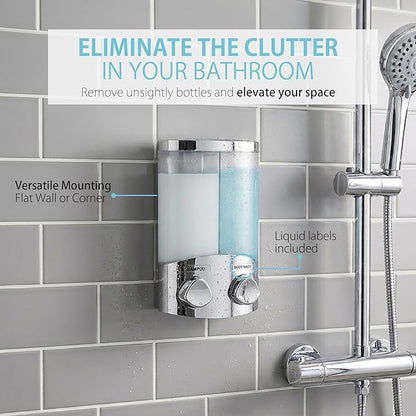 Better Living EURO Shower Dispenser Wall Mount Shower Soap Dispenser for Bathroom Hotel Body Wash, Corner or Flat Wall Shower Shampoo Dispenser, Built-in Hooks, 2 x 10.5 oz, Chrome, 2-Chamber