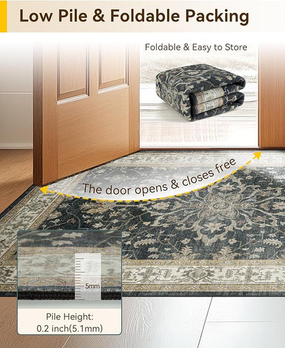 RELEANY Area Rugs Square 7ft Washable Non-Slip, Floral Vintage Distress Medallion Carpet for Living Room Bedroom Dining Room, Vintage Black Brown Neutral