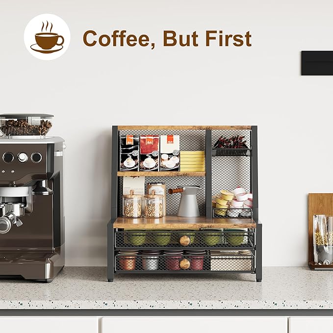 TQVAI Coffee Bar Organizer, Maximize Small Countertop Space, 70 Standard Capsules Capacity with Sliding Pods Drawer, 4-Tier Coffee Station Organizer for Home Kitchen Office Commercial