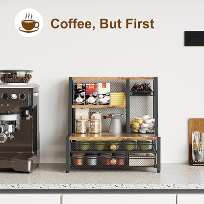 TQVAI Coffee Bar Organizer, Maximize Small Countertop Space, 70 Standard Capsules Capacity with Sliding Pods Drawer, 4-Tier Coffee Station Organizer for Home Kitchen Office Commercial