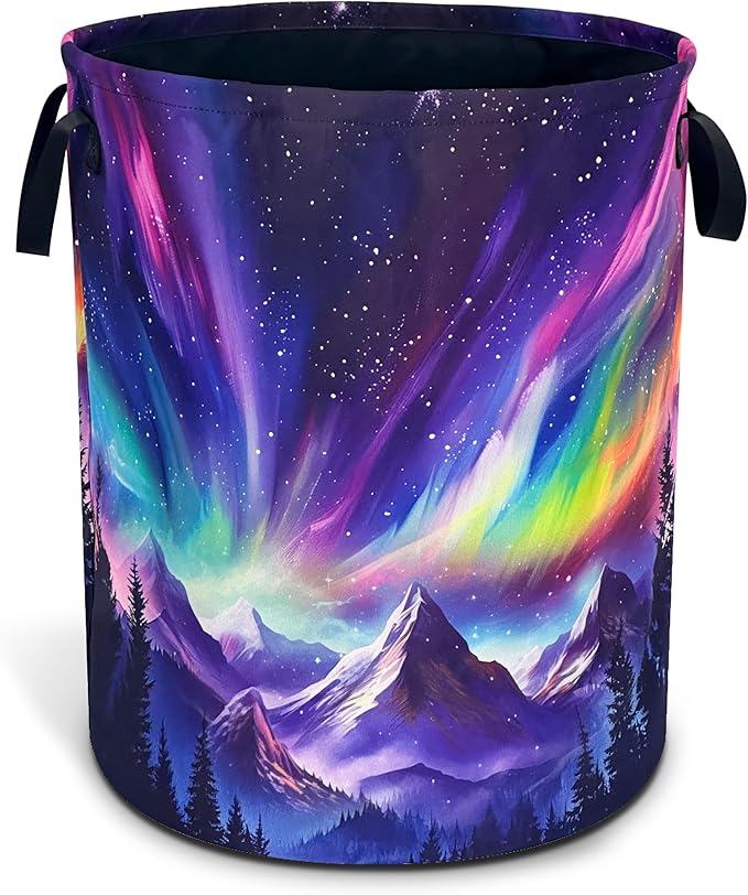 Aurora Mountains Laundry Basket Night Sky Forest Foldable Waterproof Oxford Cloth Funny Tote Bag Laundry Hamper Clothes Storage Bucket Toy Organizer For Bathroom/Laundry Storage/Bedroom 18.9x16.5 Inch