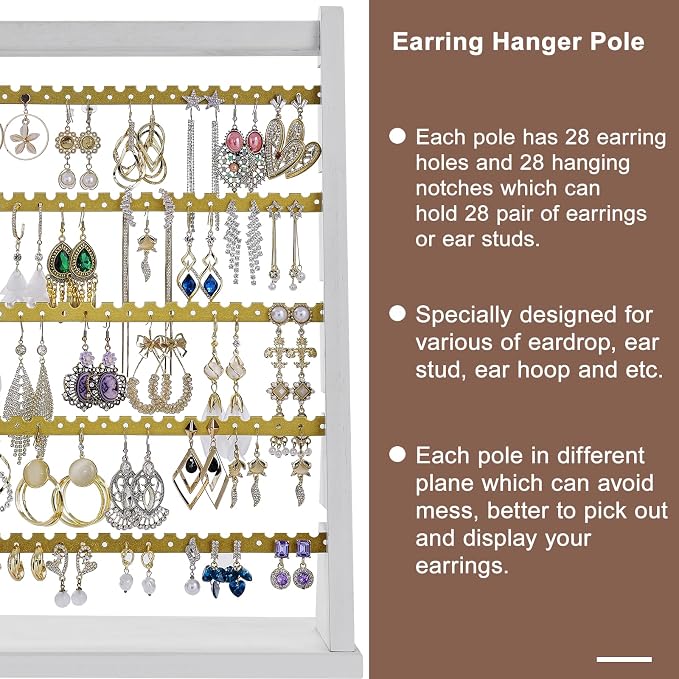 Poyilooo Earring Organizer Stand, Rustic Wood Earring Holder Rack, 5 Layer Jewelry Holder Organizer with 270 Earring Tree Holes Display for Stud Earings & Hoop Earrings, Gifts for Women (White&gold)