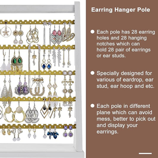 Poyilooo Earring Organizer Stand, Rustic Wood Earring Holder Rack, 5 Layer Jewelry Holder Organizer with 270 Earring Tree Holes Display for Stud Earings & Hoop Earrings, Gifts for Women (White&gold)