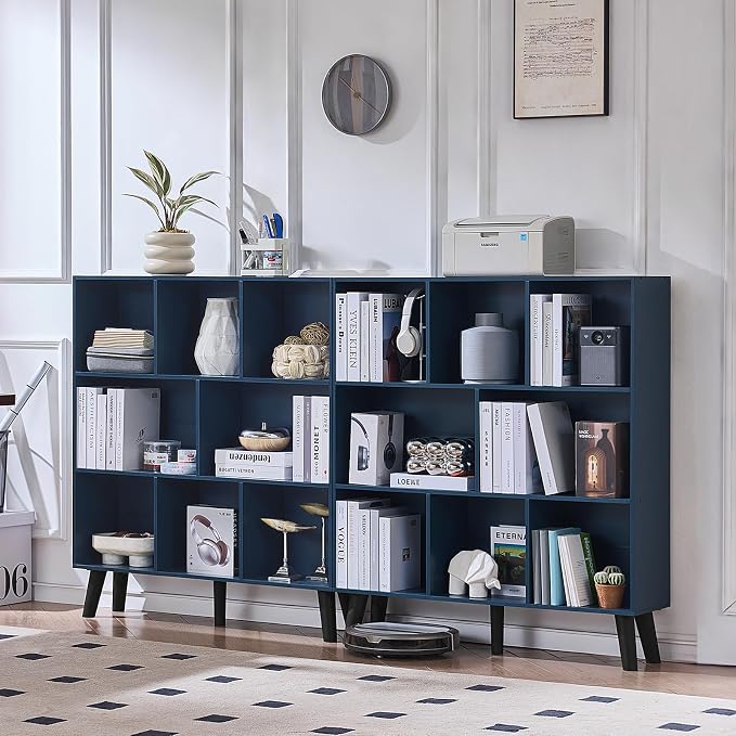 LEYAOYAO 8 Cube Bookshelf,3 Tier Bookcase with Legs,Dark Blue Mid-Century Modern Bookshelves,Large Open Storage Organizer Shelf, Wooden Book Case