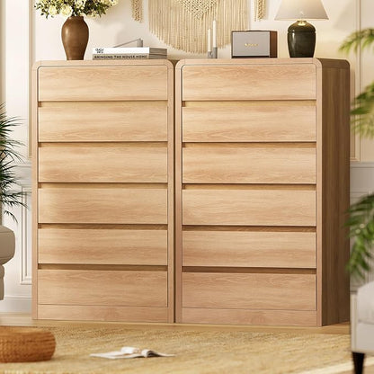 TEENFON Tall Dresser for Bedroom with 6 Drawers, 49.2" Tall Dressers & Chest of Drawers with Curved Profile Design, Wood Closet Storage Dressers Organizer for Bedroom, Living Room, Natural