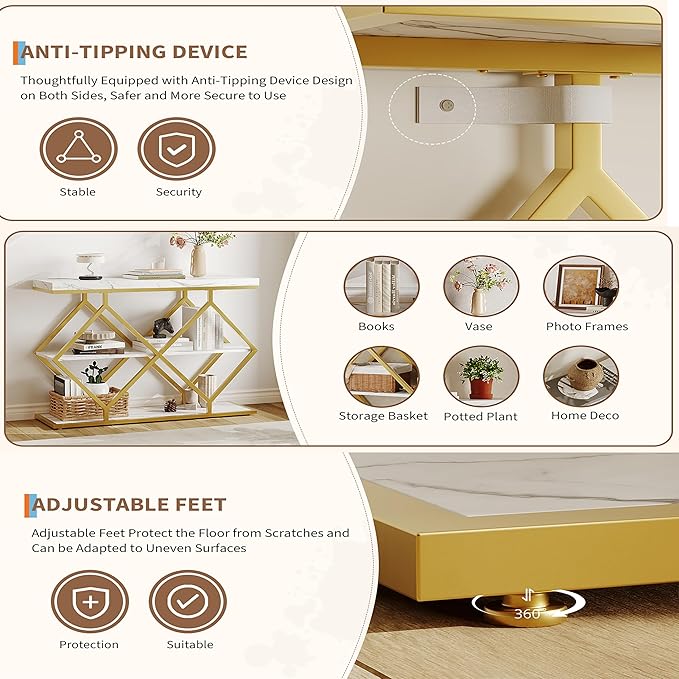 Garvee 3-Tier Entryway Table, Industrial Console Sofa Table with Storage, Accent Table with Open Shelves, Diamond-Shaped Gold Metal Frame, Foyer Table for Entryway, Hallway, Foyer, Living Room, White