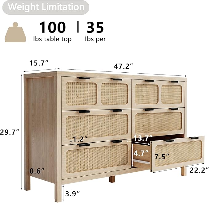 LEVNARY 6 Drawer Dresser for Bedroom, Rattan Dresser Drawer Organizer with Metal Handles, Accent Wood Chest of Drawers for Entryway, Closet, Living Room, Hallway, Nursery (Oak)
