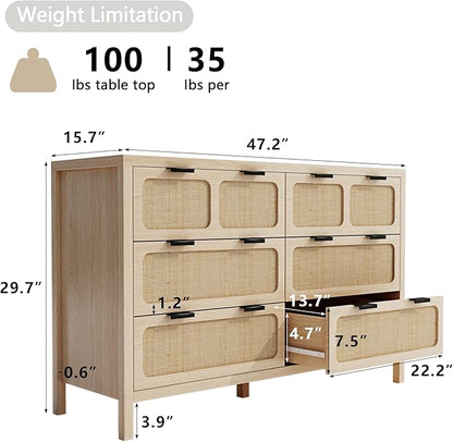 LEVNARY 6 Drawer Dresser for Bedroom, Rattan Dresser Drawer Organizer with Metal Handles, Accent Wood Chest of Drawers for Entryway, Closet, Living Room, Hallway, Nursery (Oak)