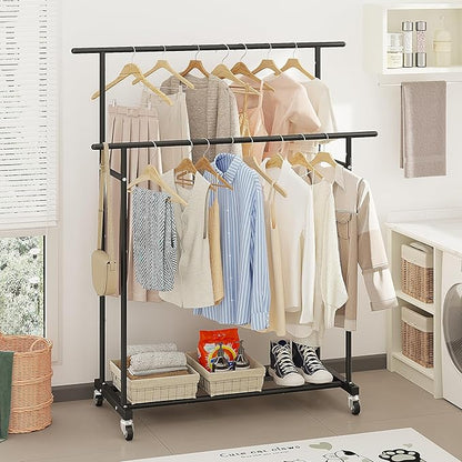 Calmootey Double Rod Clothing Garment Rack,Rolling Hanging Clothes Rack,Portable Clothes Organizer for Bedroom,Living Room,Clothing Store,Black