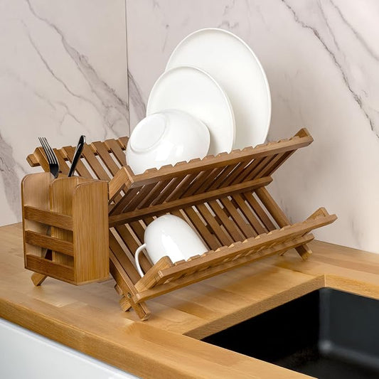 happimess DSH2000B Arlen Farmhouse Bamboo Foldable 2-Tier Dish Drying Rack with Detachable Utensil Holder, Brown