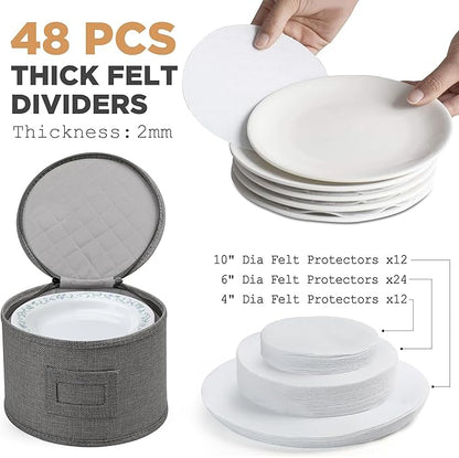 LotFancy China Storage Containers, Hard Shell, 4PCS Set, Dish Storage Box for Moving, Stackable Dinnerware Plate Organizer Bins with 48 Felt Dividers, Grey