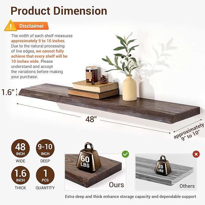 fuqing Solid Elm Wood Floating Shelves for Wall - 48 Inch Wide x 9 Inch Deep Live Edge Floating Shelves Wall Mounted - Natural Wooden Shelves with Heavy Duty Metal Brackets and Anchors