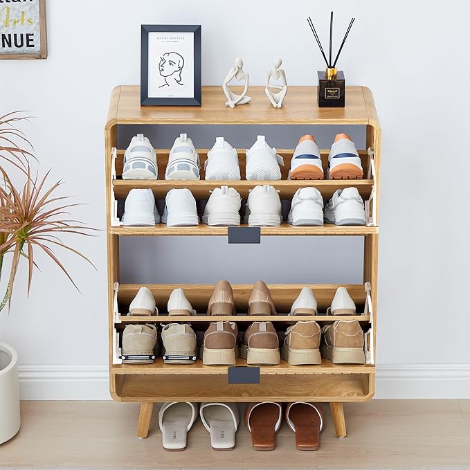 Fluted Shoe Cabinet Storage for Entryway,Slim Shoe Cabinet with 2 Flip Drawers, Narrow Shoes Rack Organizer (All Natural, 2 Drawers)