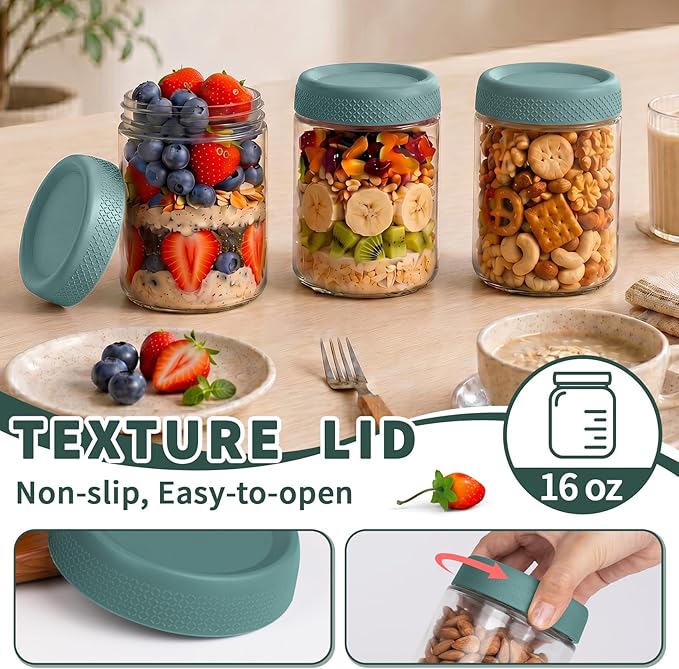 Overnight Oats Containers with Lids, Glass Storage Containers with Lids, Wide Mouth Mason Jars 16oz, Sugar Bowls, Airtight Glass jars for Chia Pudding, Yogurt, Salad Storage (6 Pack, Green)
