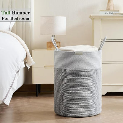 80L Extra Large Grey Laundry Hamper Basket, Tall Woven Hamper for Bedroom, Cotton Rope Laundry Basket for Clothes, 16x22 Inches