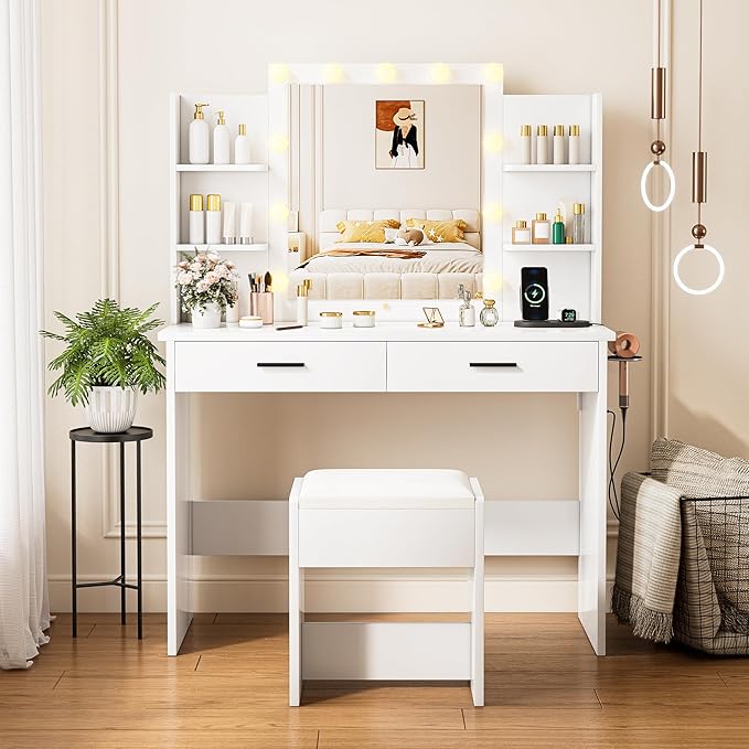 KAMABOKO Vanity Desk with Mirror, LED Lights and Power Outlet, Makeup Vanity Table with Glass Display Cabinet and 4 Drawers, Dressing Table with Stools for Bedroom (010 White)